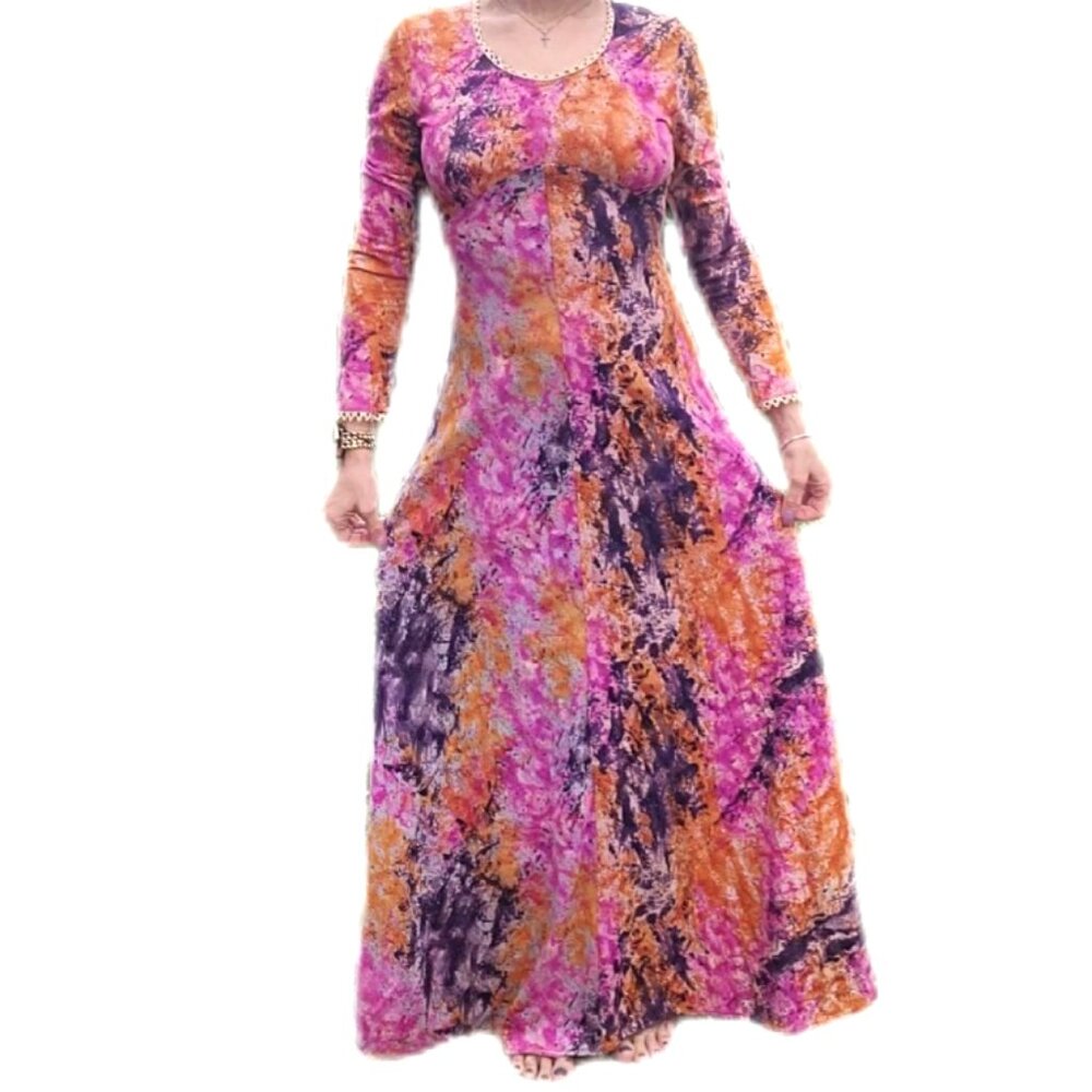 👗ILGWU Vintage 1970s Watercolor Graffiti Tie Dye Renaissance Swing Maxi Dress👗